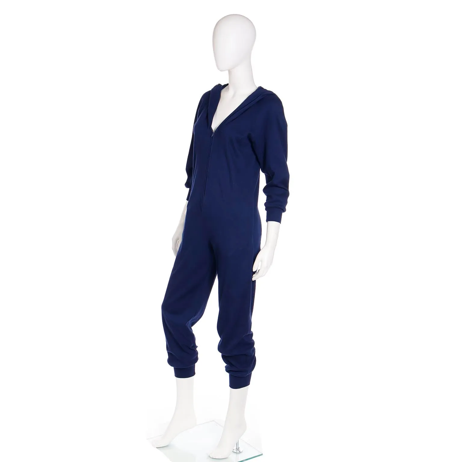 1980s Vintage Early Norma Kamali Blue Stretch Knit Jumpsuit With Hood