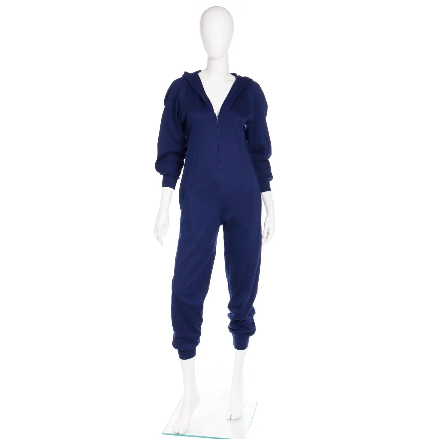 1980s Vintage Early Norma Kamali Blue Stretch Knit Jumpsuit With Hood