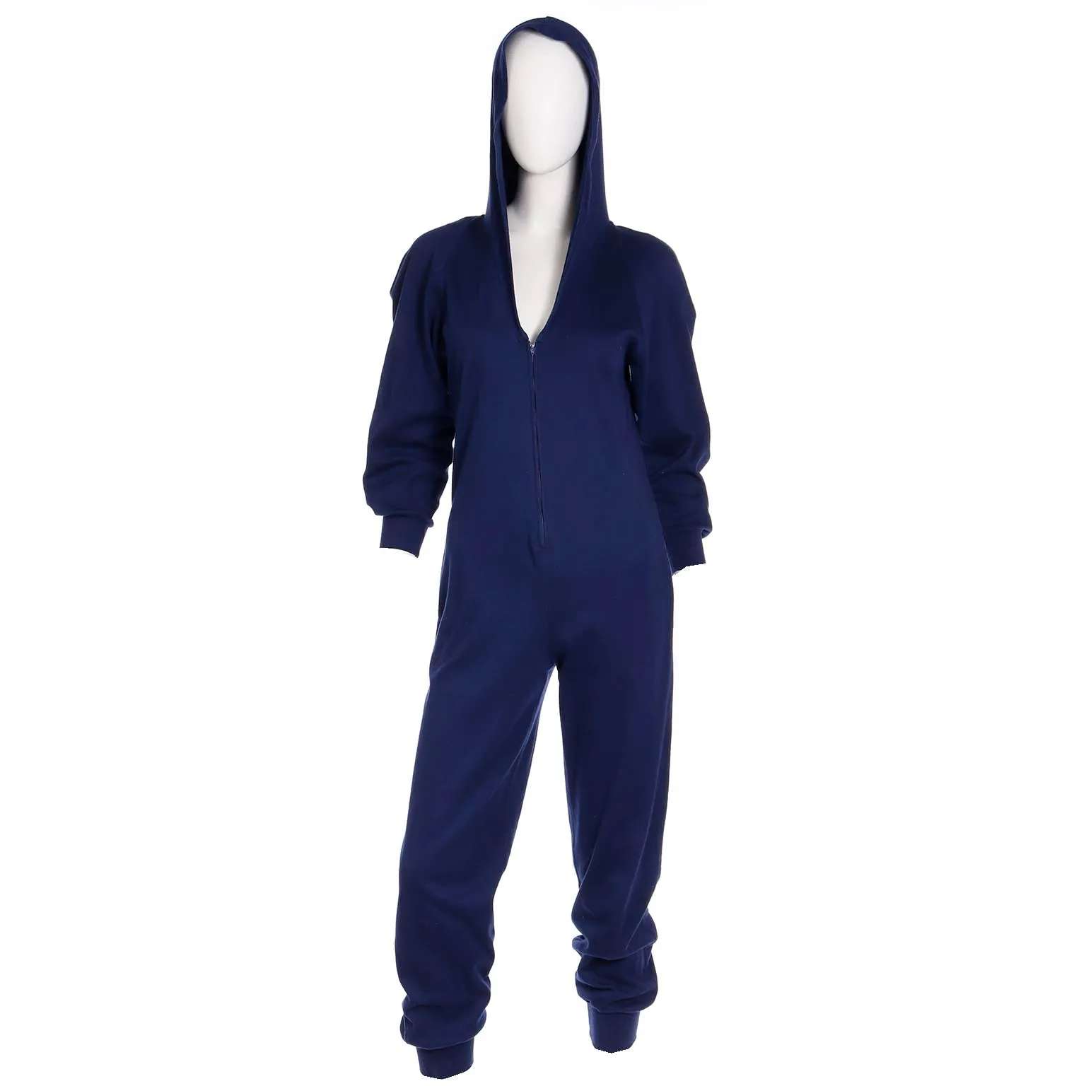 1980s Vintage Early Norma Kamali Blue Stretch Knit Jumpsuit With Hood