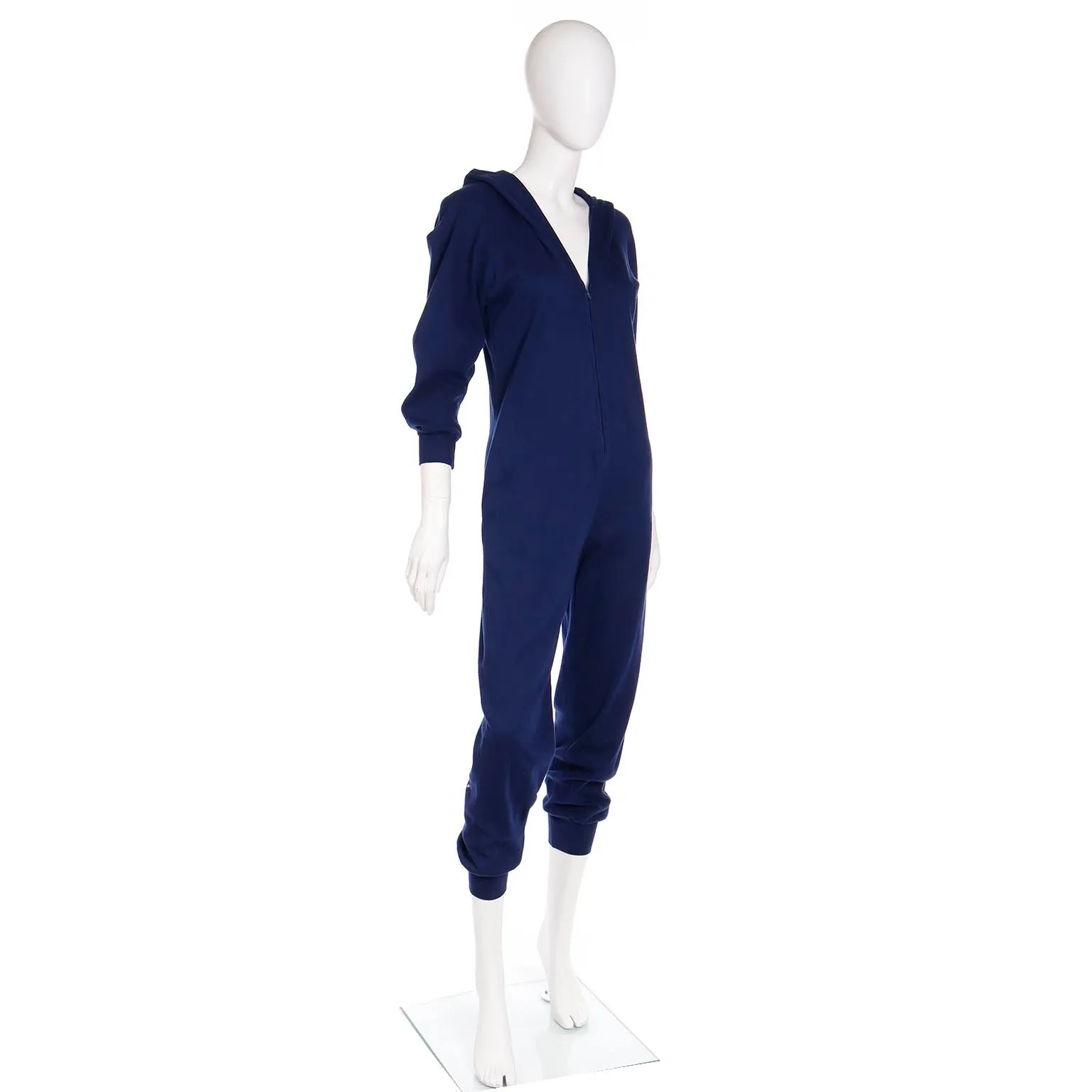 1980s Vintage Early Norma Kamali Blue Stretch Knit Jumpsuit With Hood