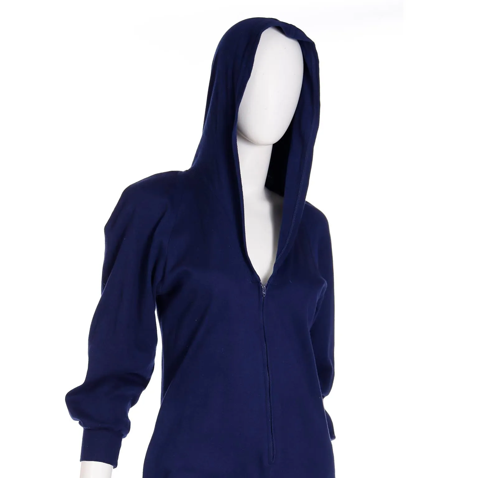 1980s Vintage Early Norma Kamali Blue Stretch Knit Jumpsuit With Hood