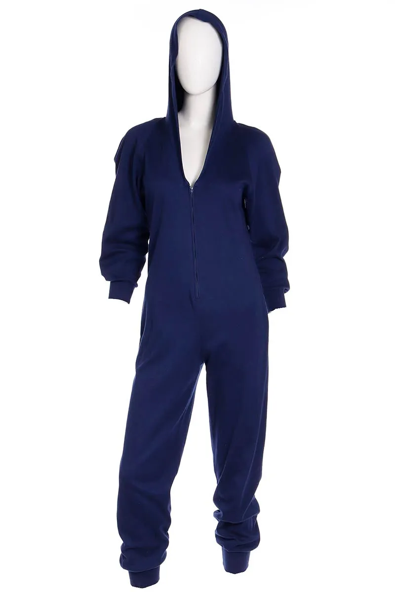 1980s Vintage Early Norma Kamali Blue Stretch Knit Jumpsuit With Hood