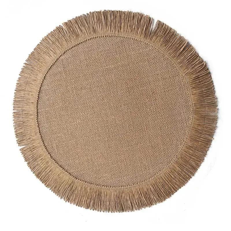 1pc Jute Placemat Linen Ins Wind Simple Fringe Christmas Round Table Mat Environmental Protection Heat Insulation Non-slip Mat