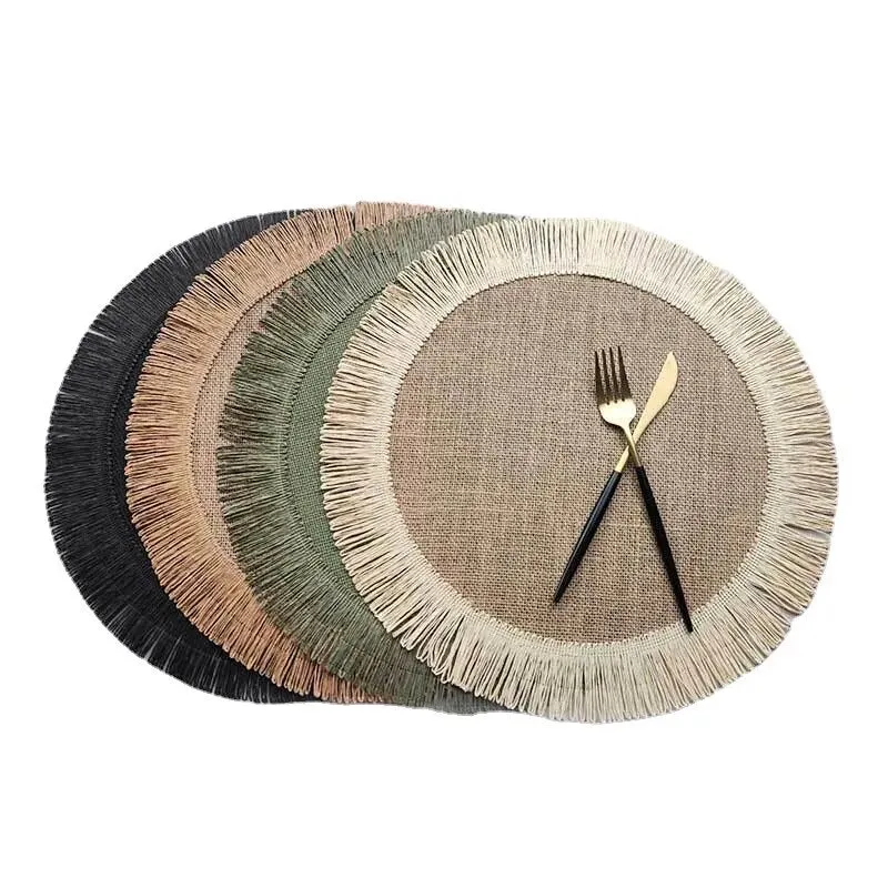 1pc Jute Placemat Linen Ins Wind Simple Fringe Christmas Round Table Mat Environmental Protection Heat Insulation Non-slip Mat