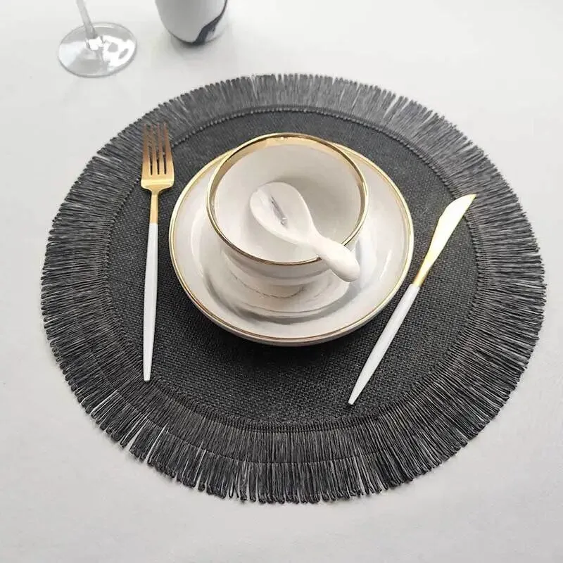 1pc Jute Placemat Linen Ins Wind Simple Fringe Christmas Round Table Mat Environmental Protection Heat Insulation Non-slip Mat