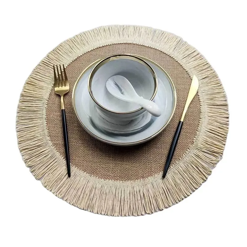 1pc Jute Placemat Linen Ins Wind Simple Fringe Christmas Round Table Mat Environmental Protection Heat Insulation Non-slip Mat