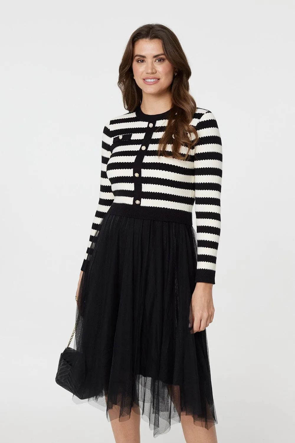 2-In-1 Dress With Striped Top & Midi Mesh Skirt