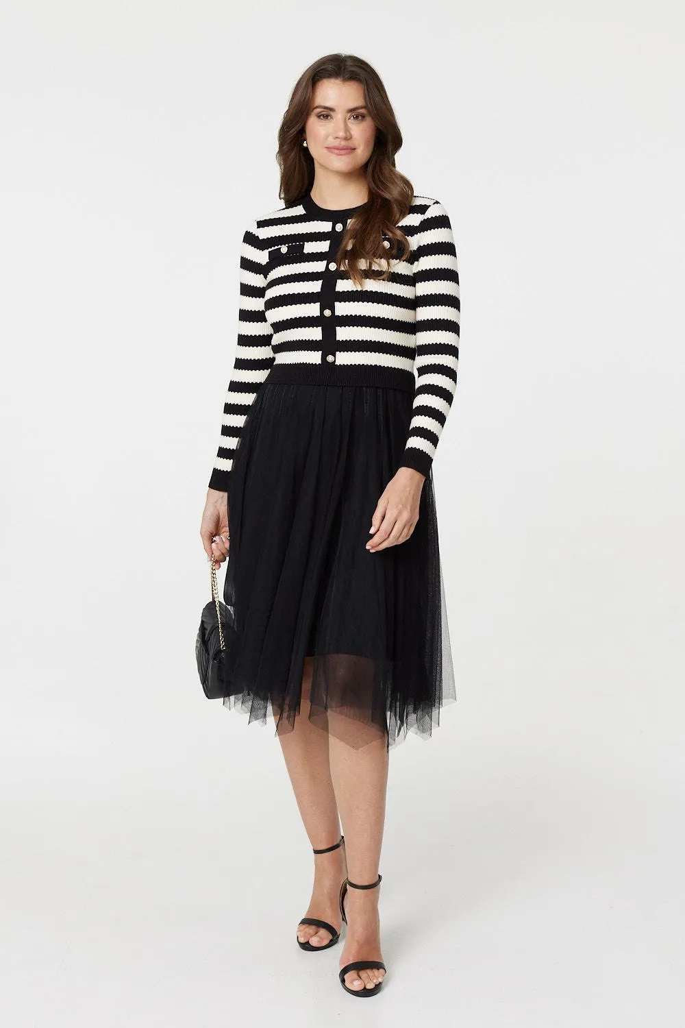 2-In-1 Dress With Striped Top & Midi Mesh Skirt