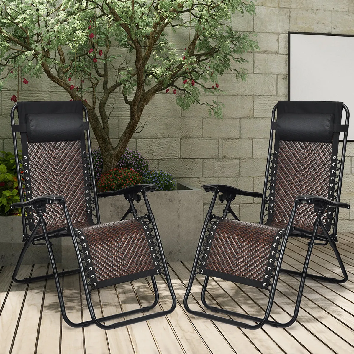 2 Pcs Rattan Folding Sun Lounger Reclining Chair with Removable Headrest-Coffee