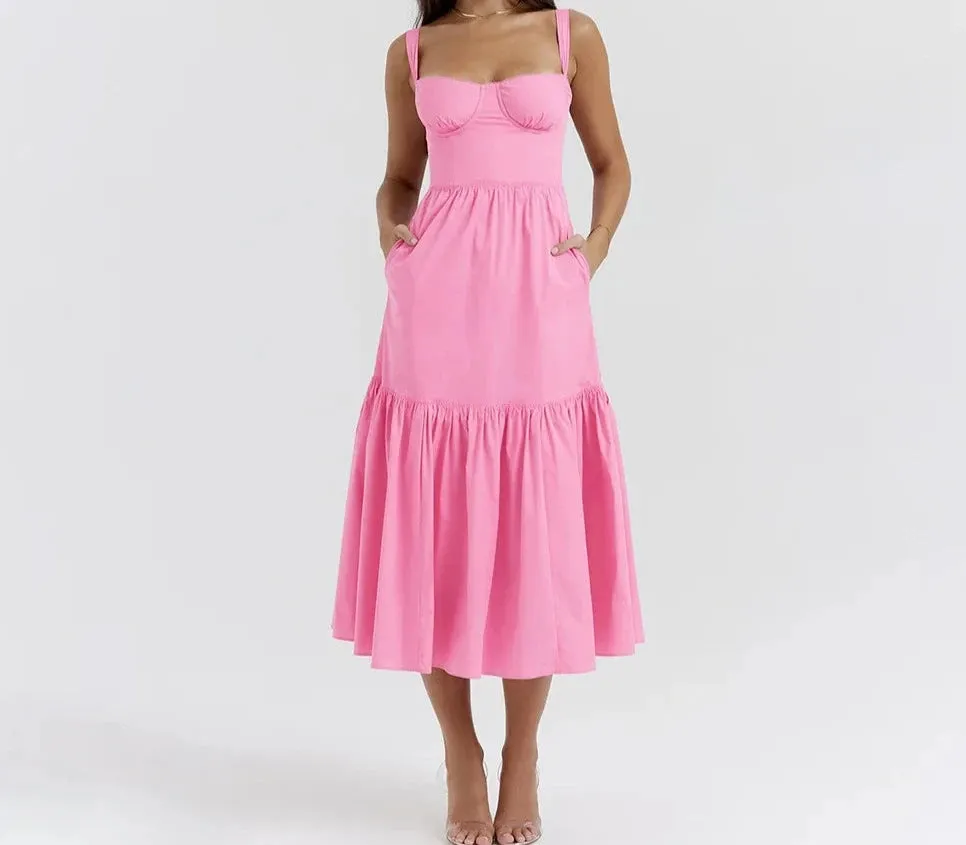 A&A Elegant Spaghetti Strap Backless A-line Midi Dress