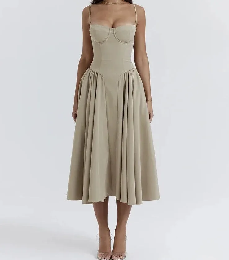 A&A Spaghetti Strap Vintage Sleeveless A-line Midi Dress