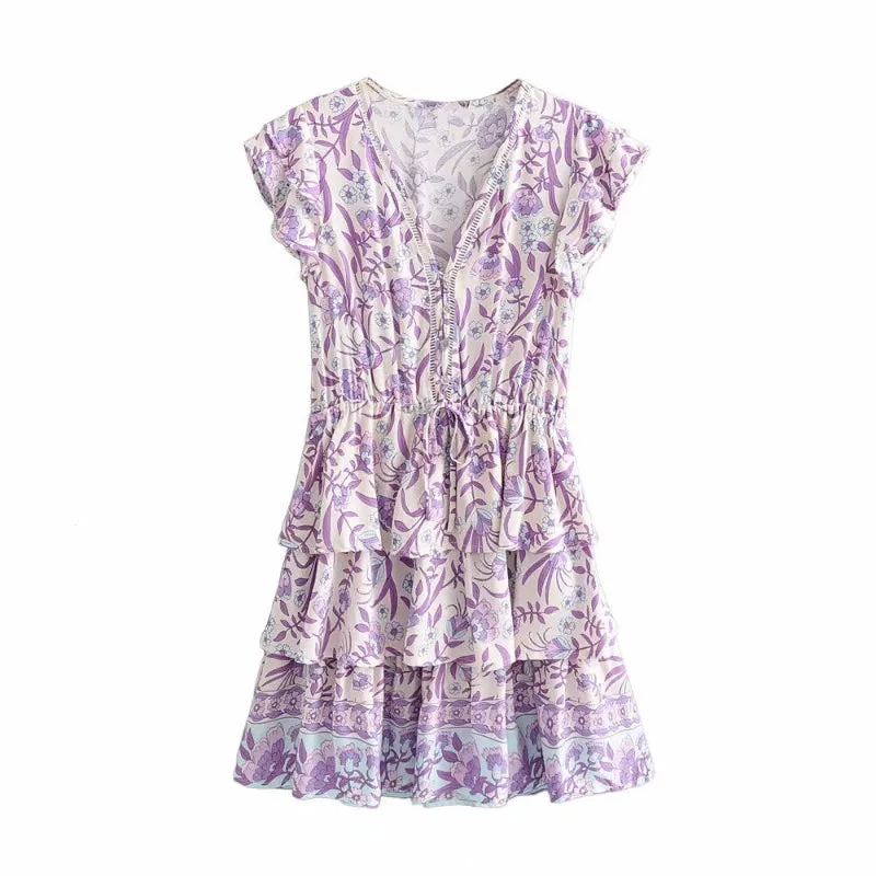 Adorable and Sweet Purple Floral Mini Summer Dress