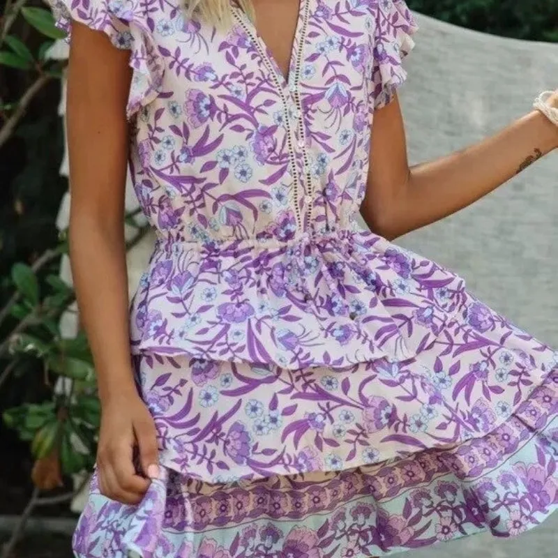 Adorable and Sweet Purple Floral Mini Summer Dress