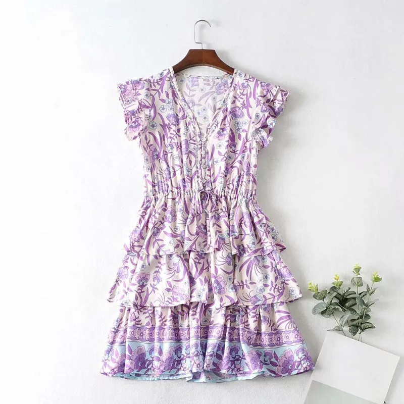 Adorable and Sweet Purple Floral Mini Summer Dress