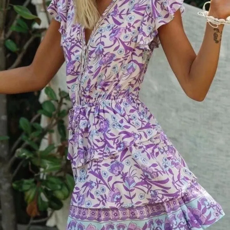 Adorable and Sweet Purple Floral Mini Summer Dress