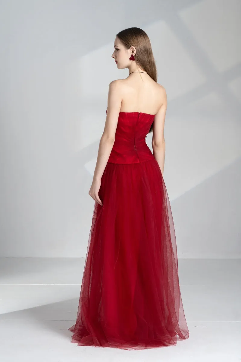 ALENA RED A-LINE SWEETHEART NECK MESH GOWN