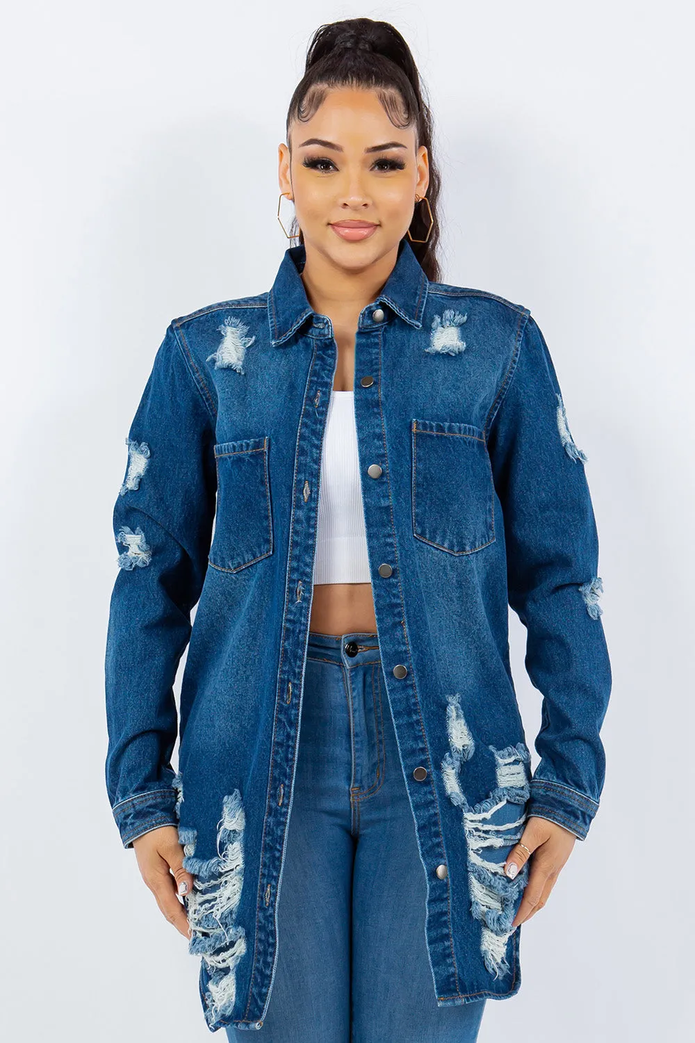 American Bazi Torn Distressed Hole Oversized Shacket Cotton Denim Jean Jacket Blue