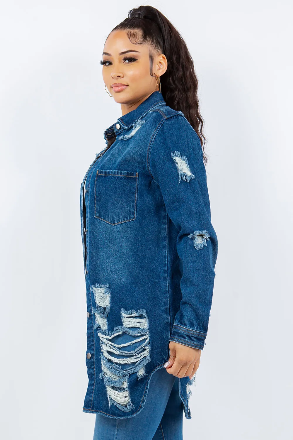 American Bazi Torn Distressed Hole Oversized Shacket Cotton Denim Jean Jacket Blue