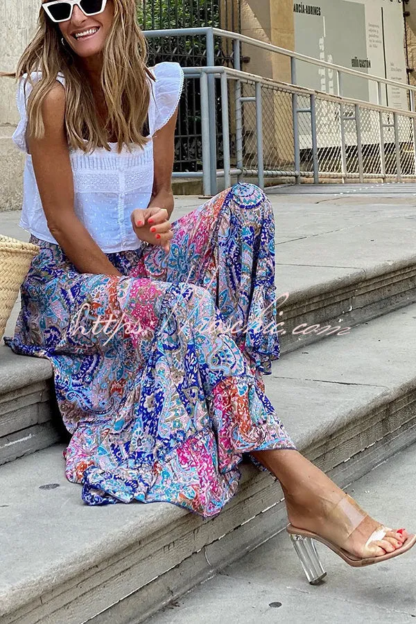 Audrina Bohemian Print Elastic Waist Tassel Maxi Skirt