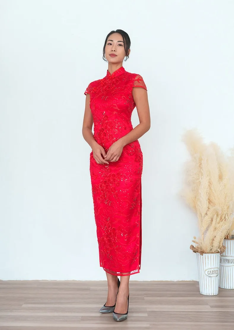 Beaded Redstar Lace Qipao (Red/ Brown) - RTW