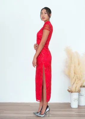 Beaded Redstar Lace Qipao (Red) - RTW