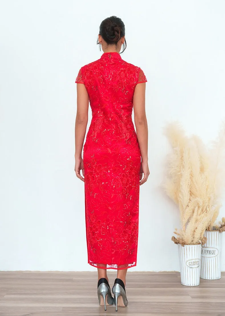 Beaded Redstar Lace Qipao (Red) - RTW