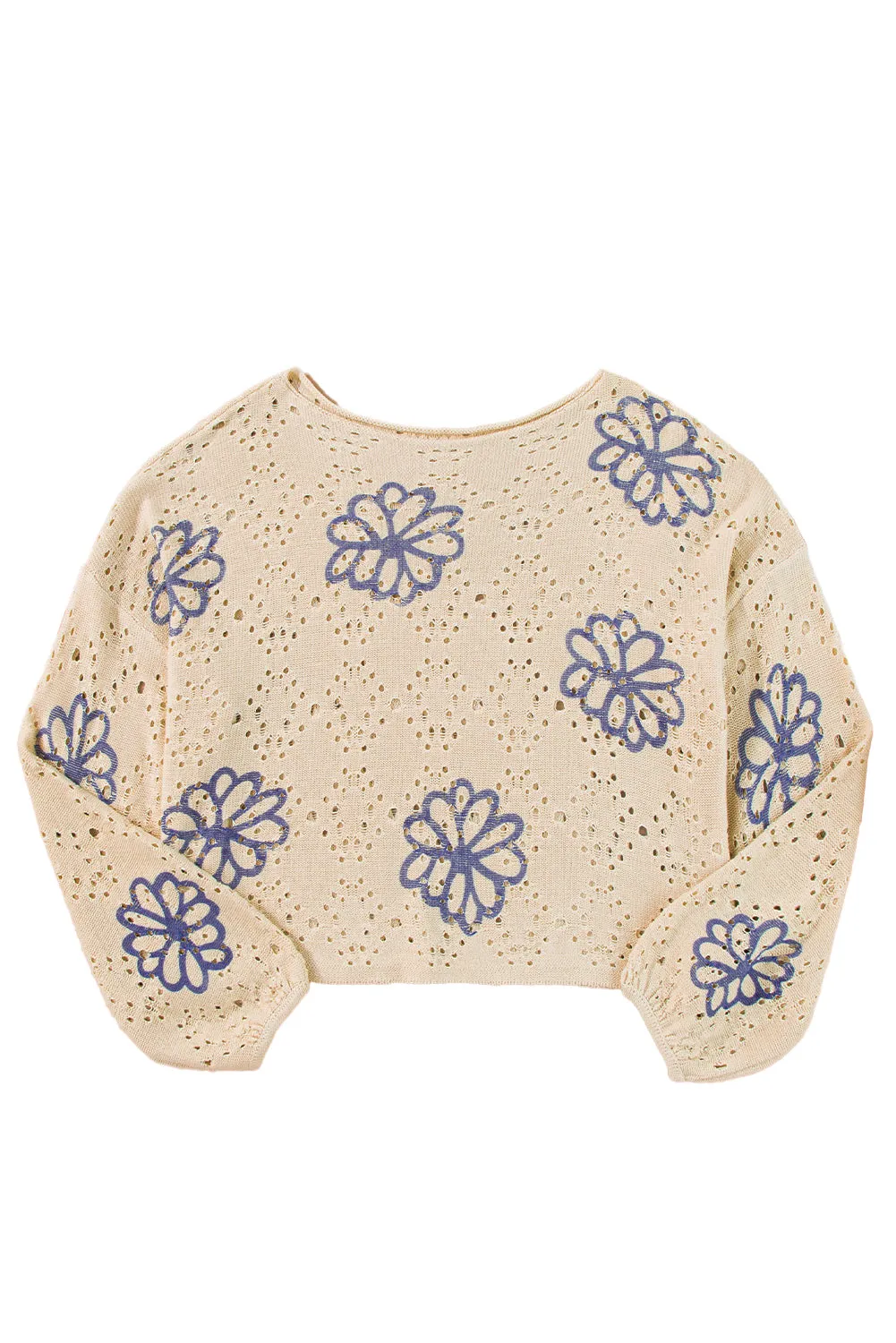 Beige Flower Print Drop Shoulder Hollow Knit Sweater