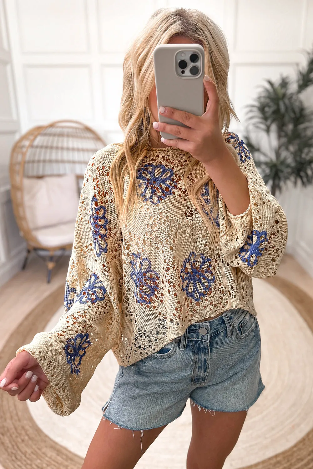 Beige Flower Print Drop Shoulder Hollow Knit Sweater