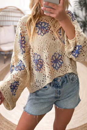 Beige Flower Print Drop Shoulder Hollow Knit Sweater