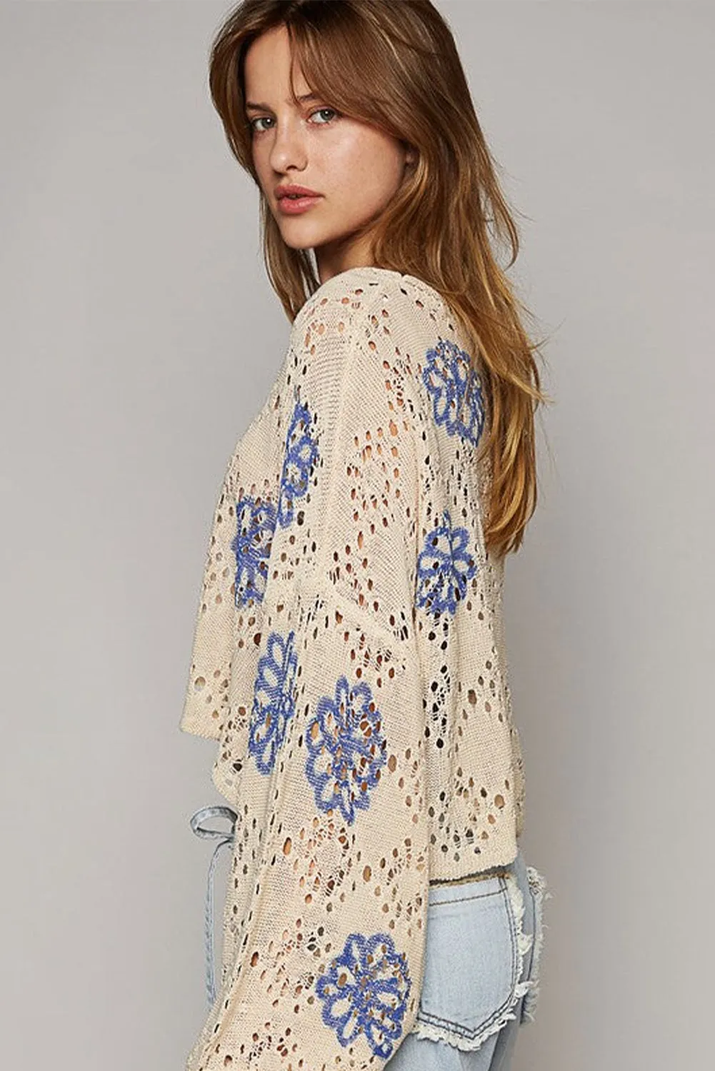 Beige Flower Print Drop Shoulder Hollow Knit Sweater