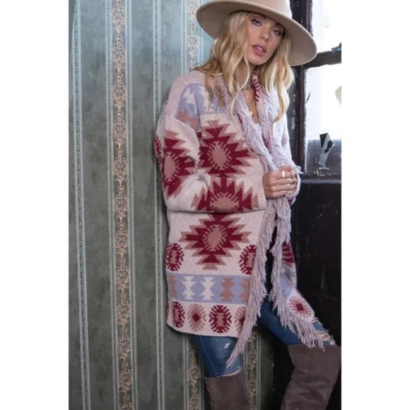 Berry Aztec Pattern Open Front Boho Western Fringe Cardigan Sweater Casual Women