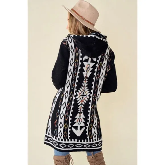 Black Aztec Rainbow Western Hooded Knit Cardigan Long Sleeve Open Sweater