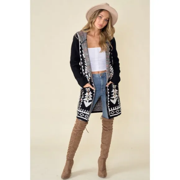 Black Aztec Rainbow Western Hooded Knit Cardigan Long Sleeve Open Sweater