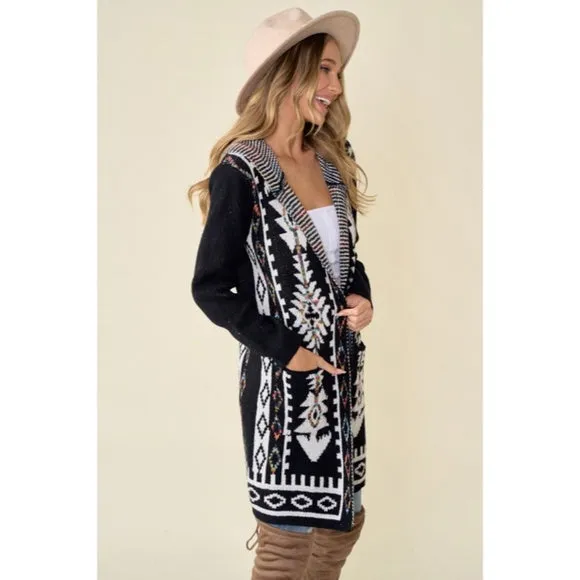 Black Aztec Rainbow Western Hooded Knit Cardigan Long Sleeve Open Sweater