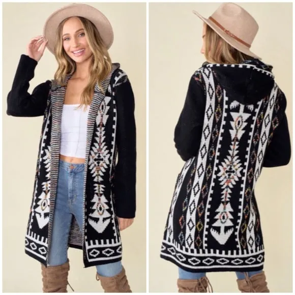 Black Aztec Rainbow Western Hooded Knit Cardigan Long Sleeve Open Sweater