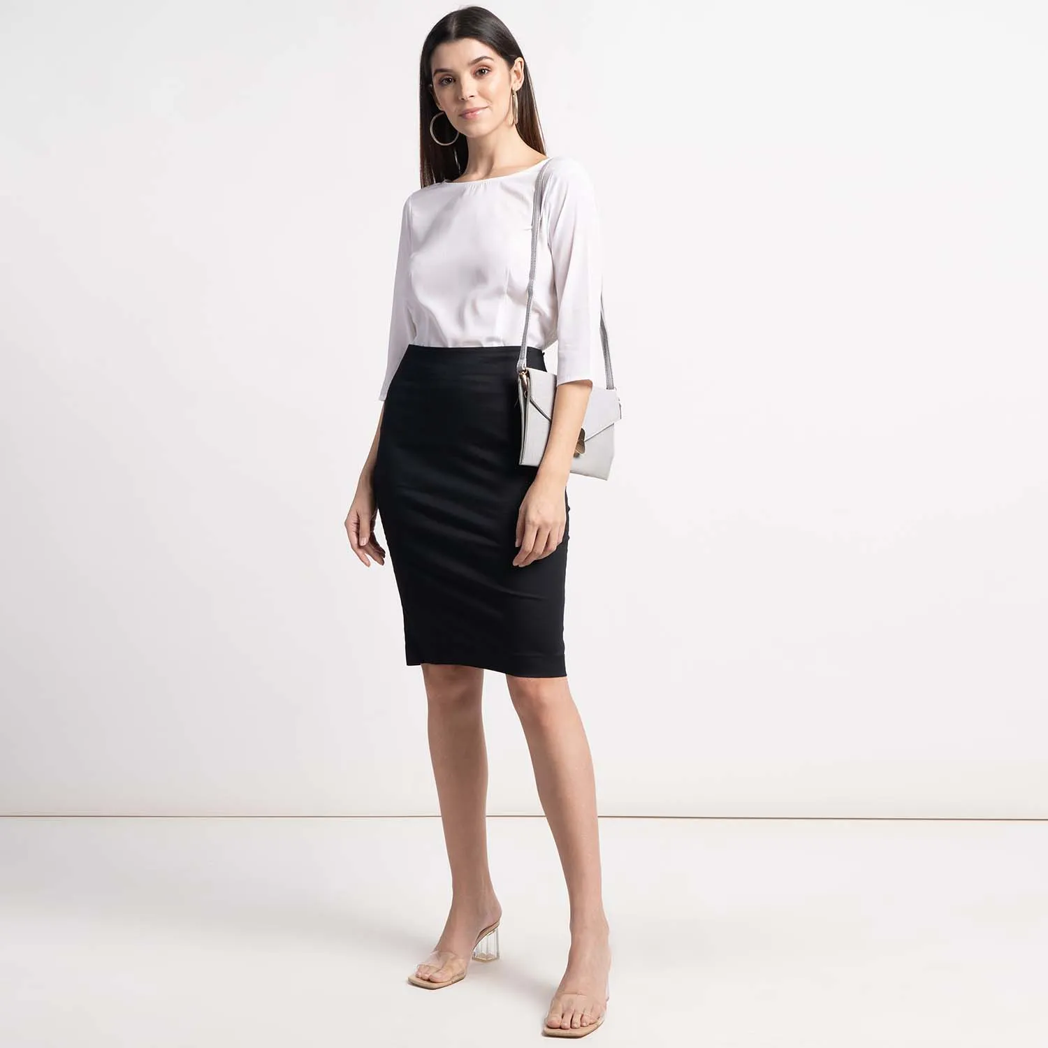 Black Cotton Poplin Stretch Pencil Skirt for Women