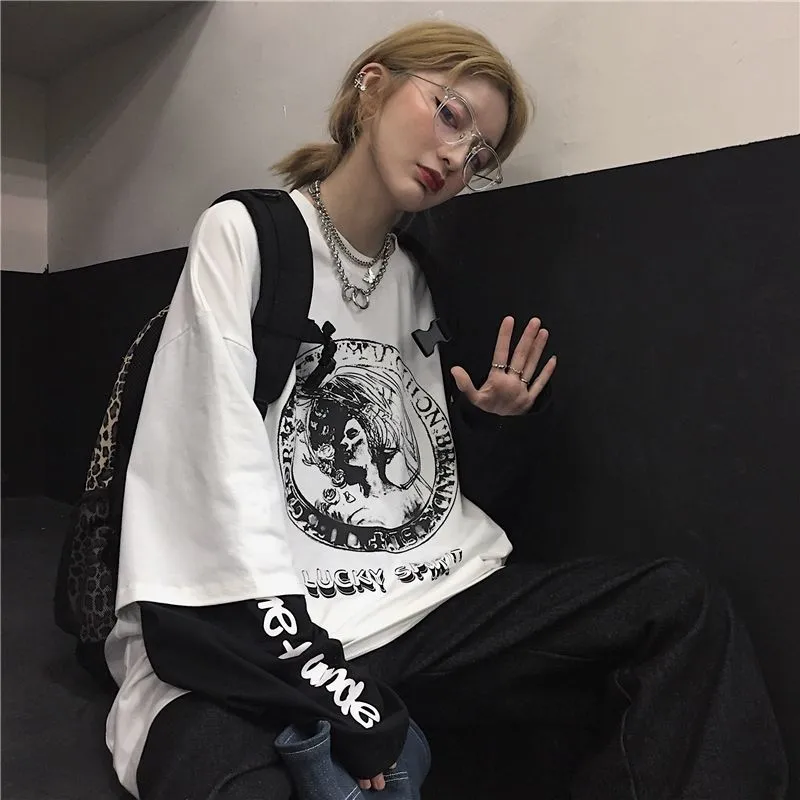 Black Friday Sales Summer Oversized T-Shirt S-5XL Unisex Black And White Stitching Streetwear Fashion Goth Punk Tops Dark Y2K Loose Female T-Shirt