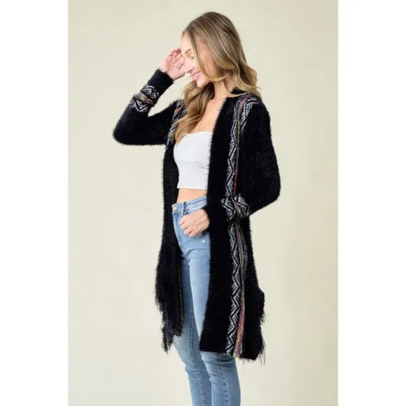 Black Fuzzy Eyelash Fringe Rainbow Aztec Pattern Open Knit Cardigan Sweater