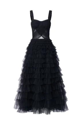 BLACK LAURENT TULLE LAYERED MAXI DRESS