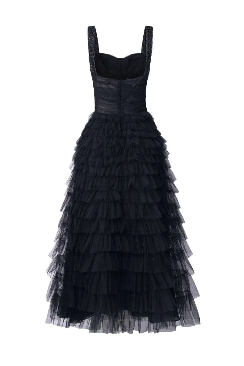 BLACK LAURENT TULLE LAYERED MAXI DRESS