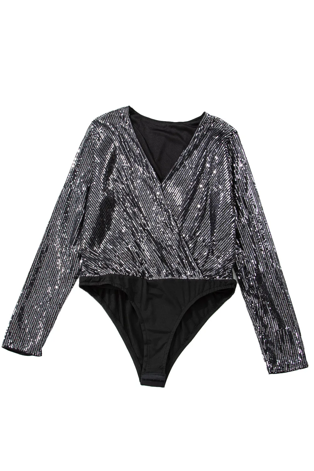 Black Sequin Mesh Long Sleeve Surplice Neck Bodysuit: Own the Night in Dazzling Style