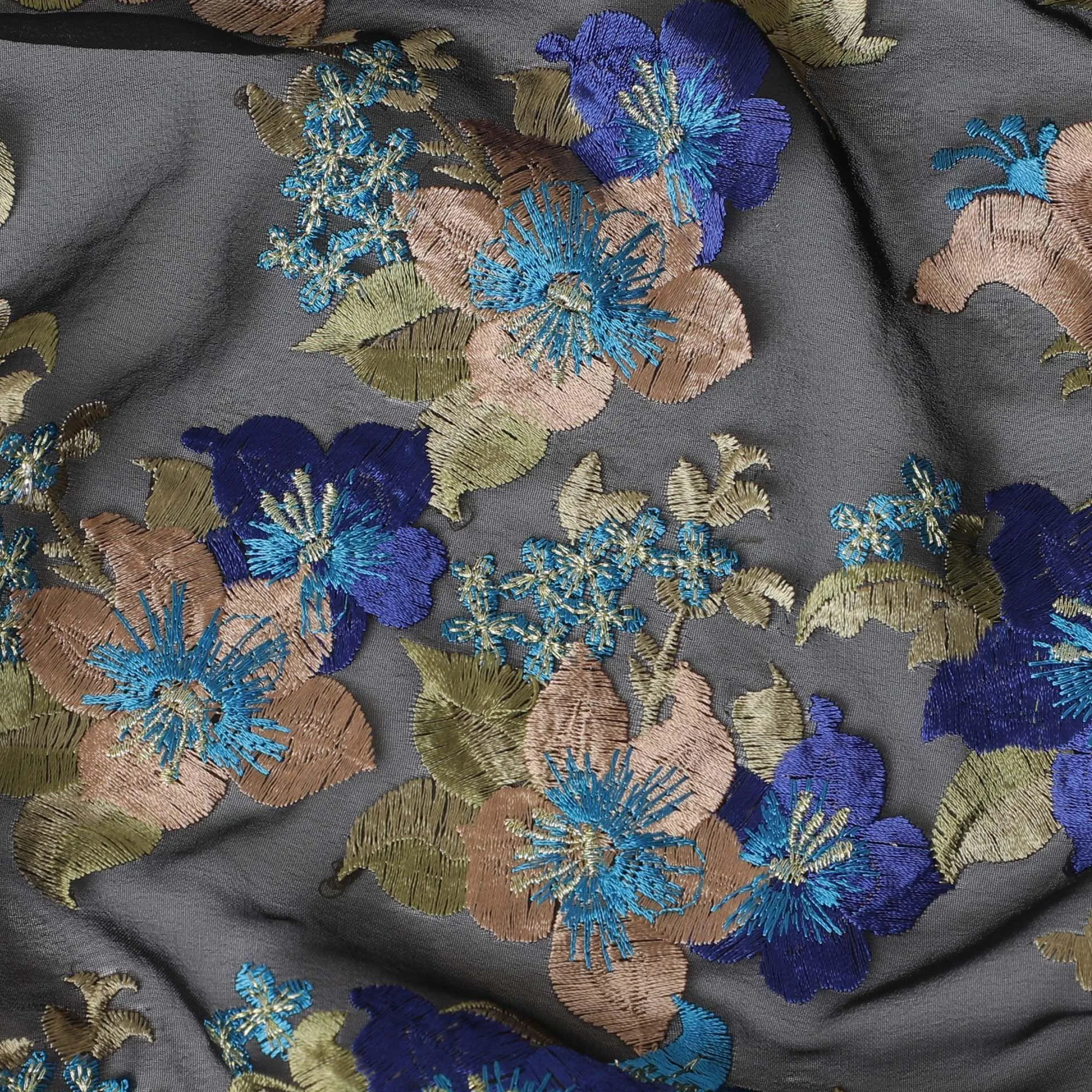 Black synthetic chiffon fabric with multicolor embroidery in floral design-D12486