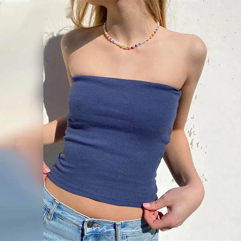 Blue Off Shoulder Sexy Tubes Women 2024 Skinny Summer Y2k 90s Crop Streetwear Tank Top