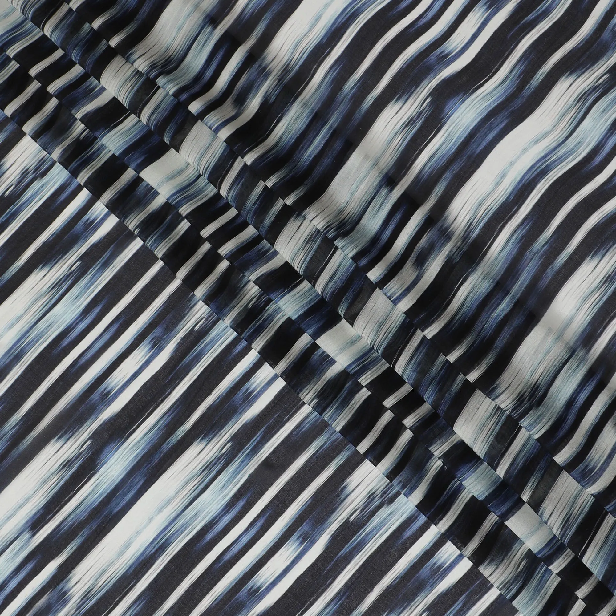 Blue Premium pure silk chiffon with pearl grey and black print in stripe design-D16986