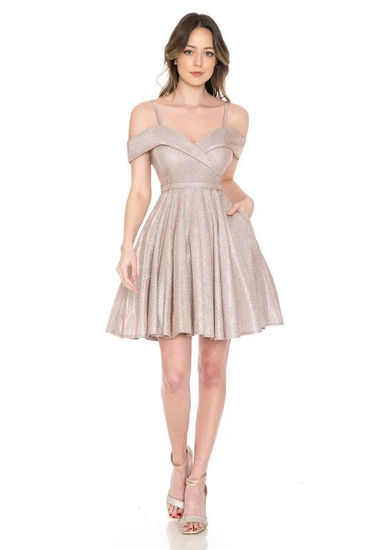 Blush Metallic Sweetheart Off Shoulder Short Dress