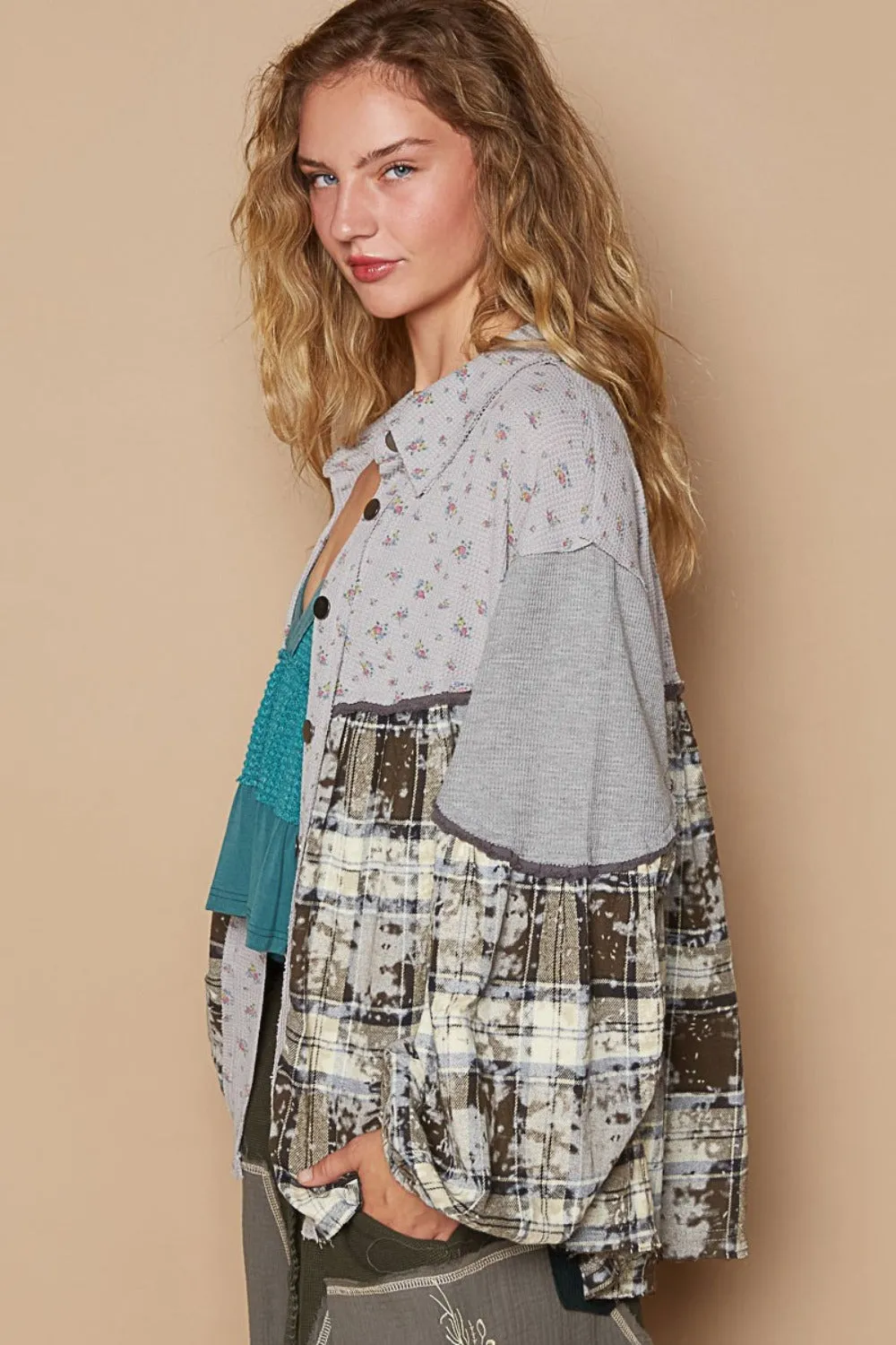 Bohemian Balloon Sleeve Floral Color Block Plaid Shirt