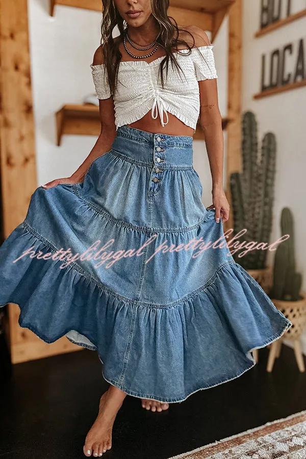 Bohemian High Rise Button Up Loose Denim Pocket Maxi Skirt