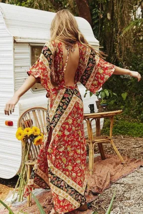 Bohemian Maxi Dress "Lolita" Flutter Kimono Sleeves "Campfire" Rust Color Floral Long Slits Cutout Sides Backless Sizes Small Medium Or Large