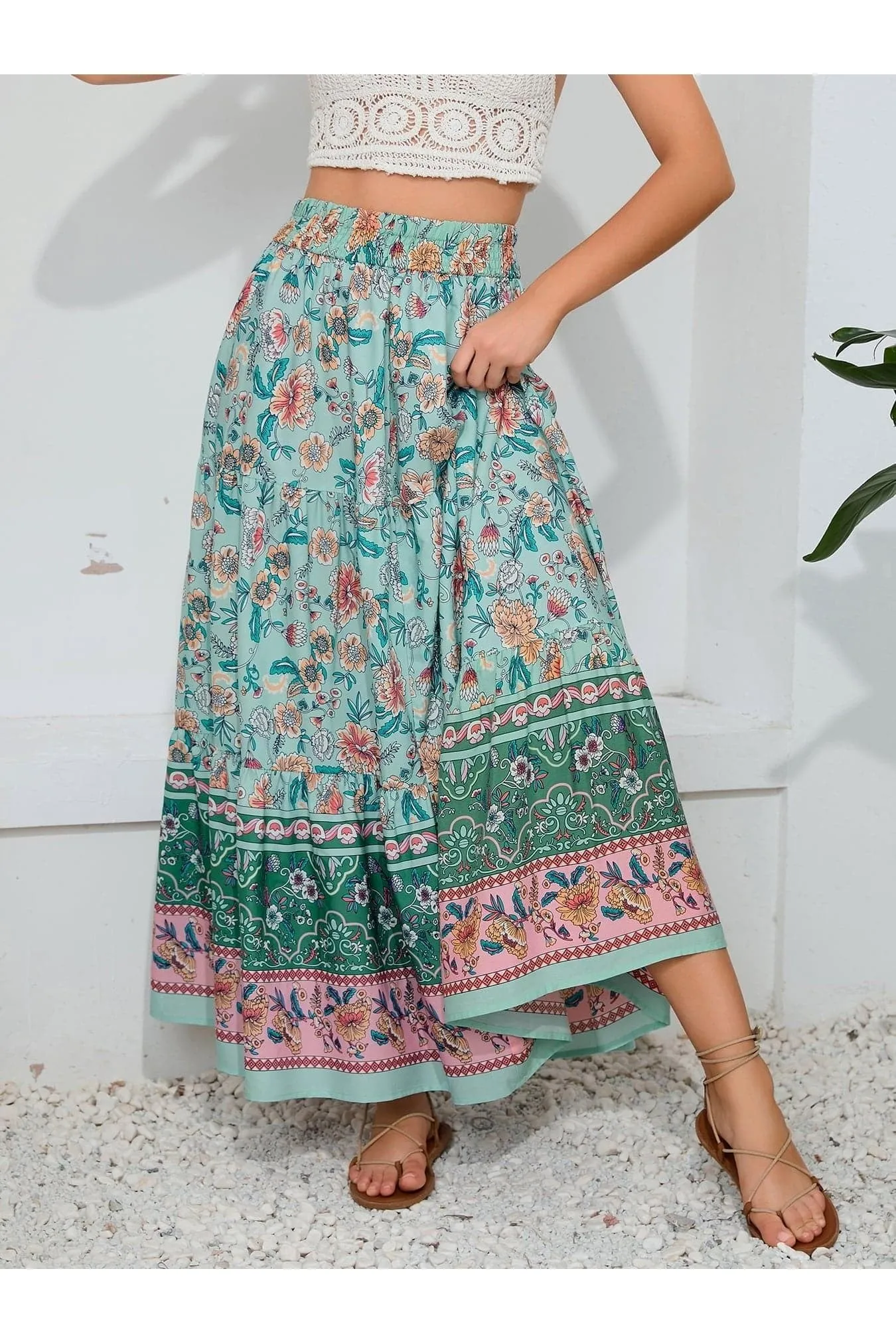 Bohemian Print Smocked Waist Maxi Skirt, Multicolor