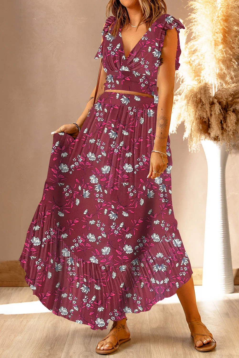 Boho Floral Printed Tie Back Cropped Top and Maxi Skirt Set